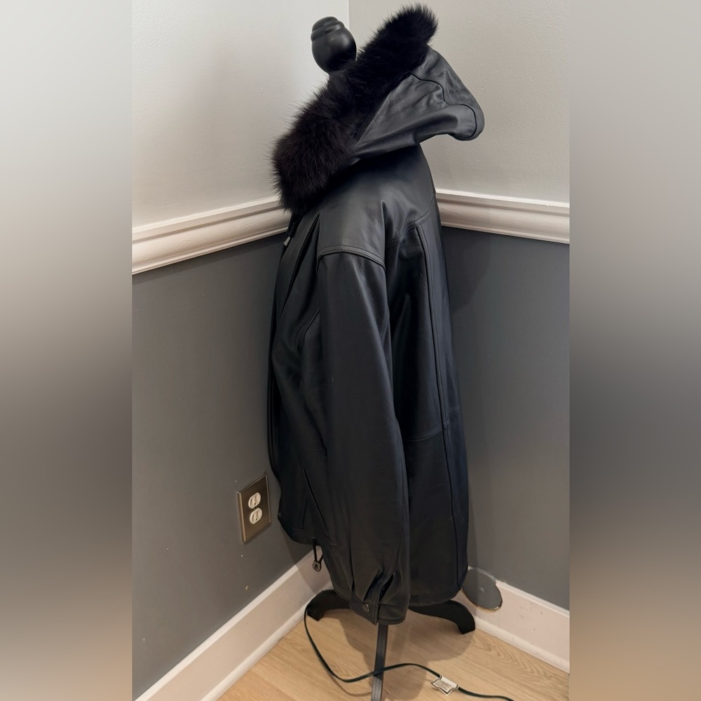 Amber Stone Black Hooded Leather Jacket with Fox Fur Trim Size Large - Picture 4 of 7